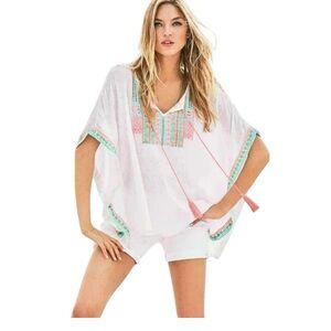 Lilly Pulitzer LUCINDA CAFTAN Resort White Cover Up Embroidery Pink L/XL